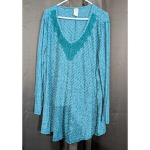 Faded Glory Knit Top Green Long  Sleeve Laced Neckline Swing Top Tunic Size 3X